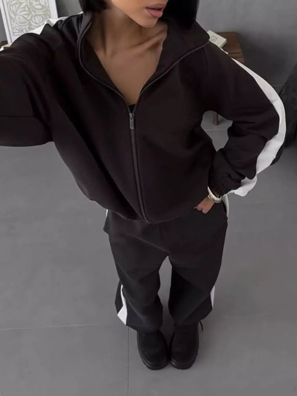 Contrast Side Stripe Zip Up Top and Pants Set - Lilixa.store