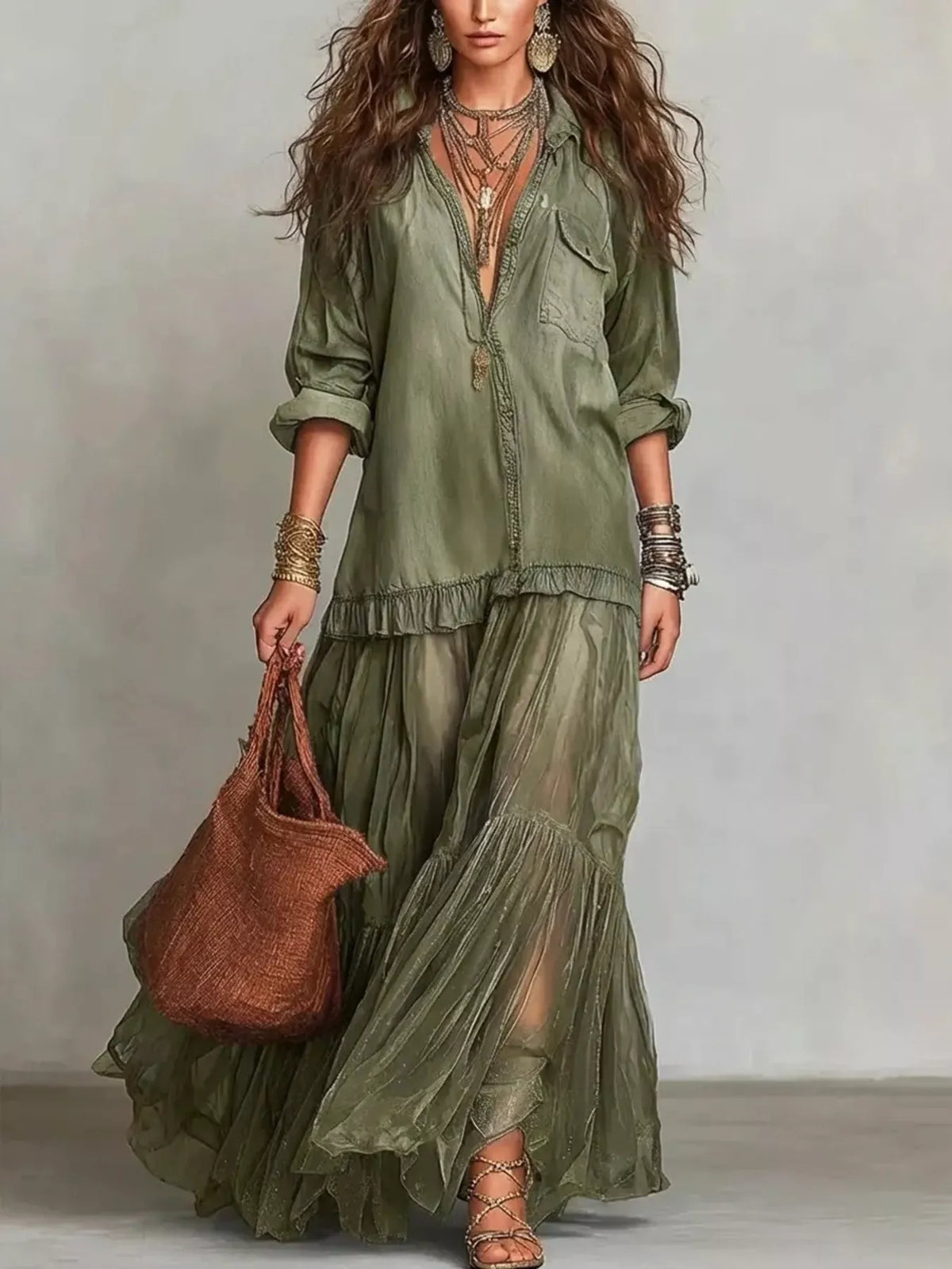 Full Size Tiered Long Sleeve Denim Shirt Maxi Dress Plus Size - Lilixa.store