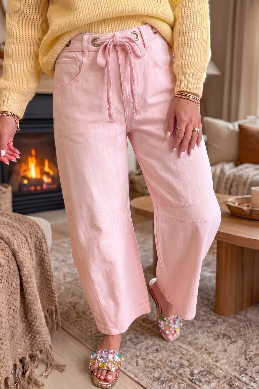 Wide-Leg Drawstring Jeans - Lilixa.store