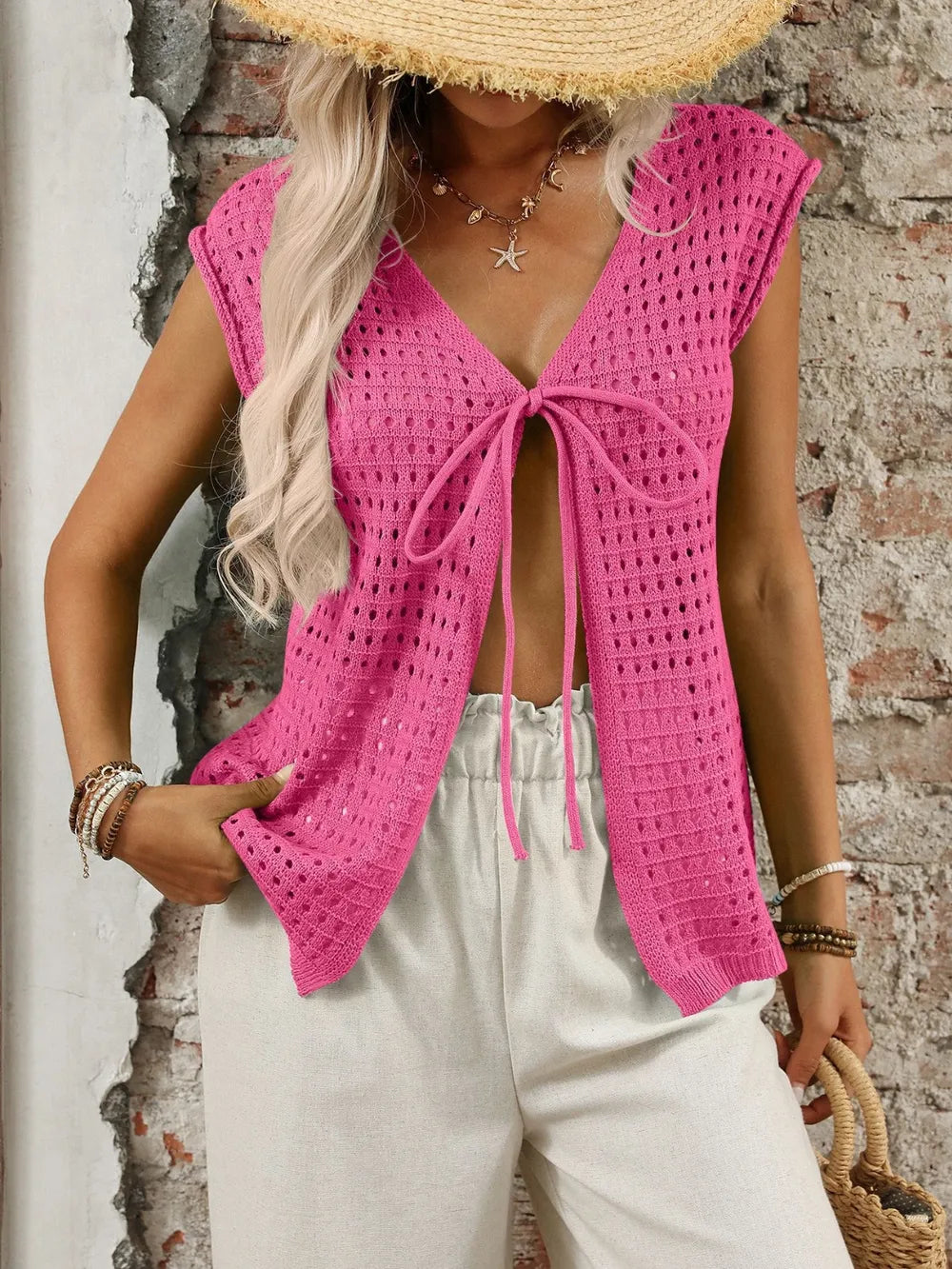 Tied Front Openwork V-Neck Knit Top, view 2