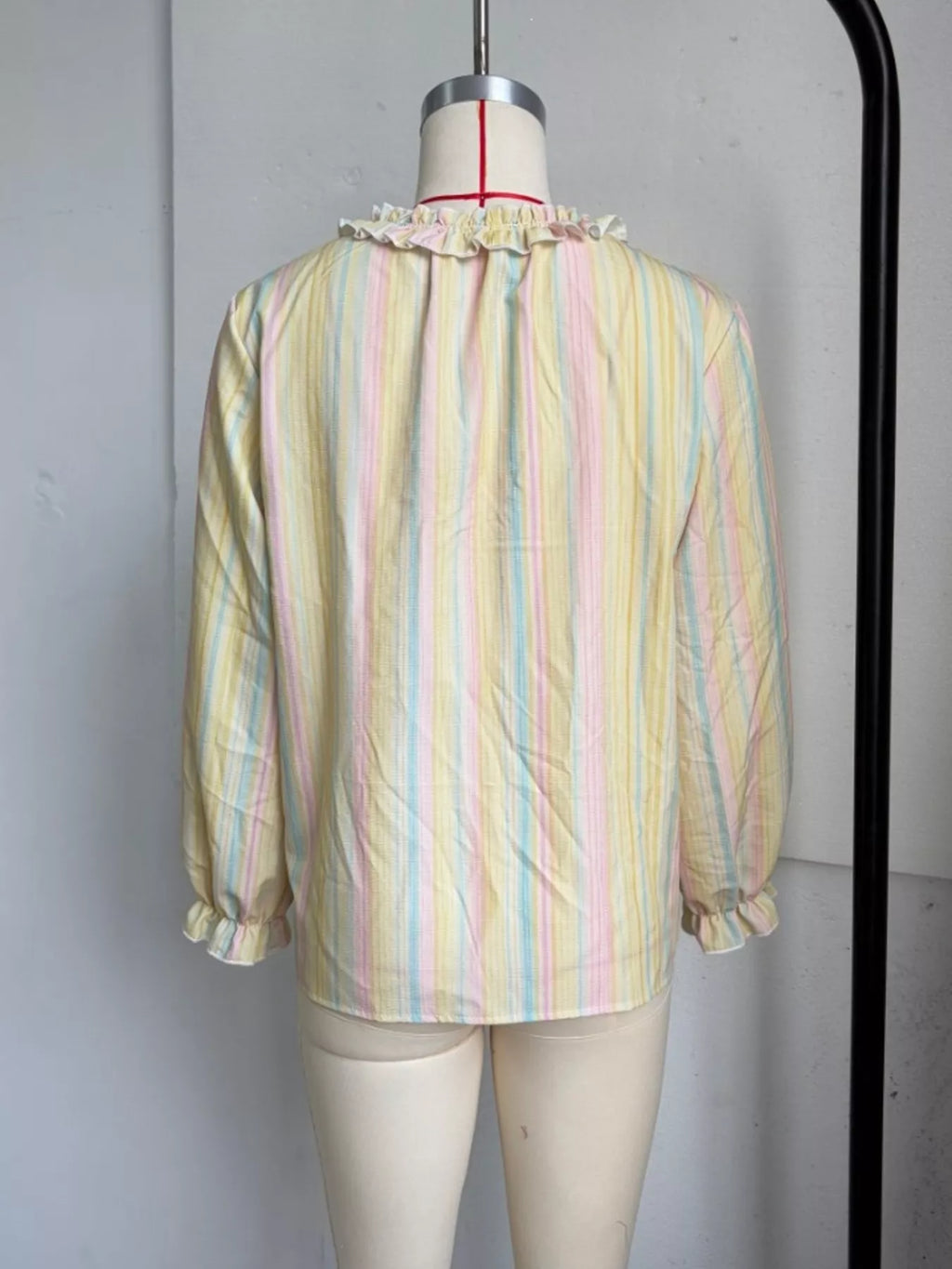 Striped Ruffle-Trim V-Neck Blouse - Lilixa.store