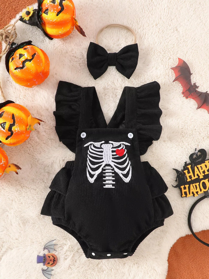 Children's Halloween Skeleton Ruffle Bodysuit and Bow Headband Set - Lilixa.store