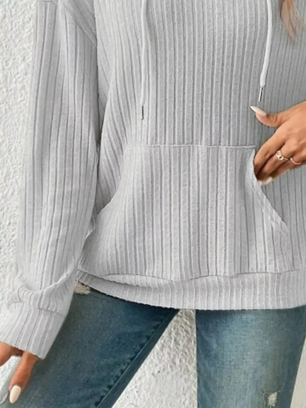 Ribbed Knit Long Sleeve Drawstring Hoodie - Lilixa.store