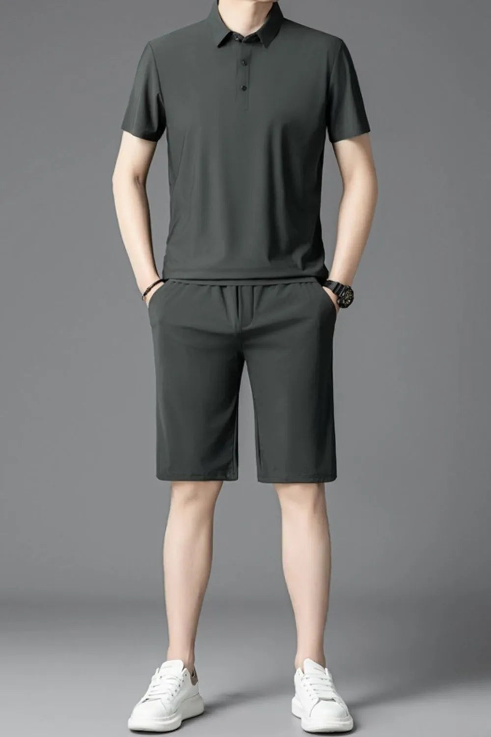 Men's Plus Size Short Sleeve Polo and Shorts Set in Gray Green