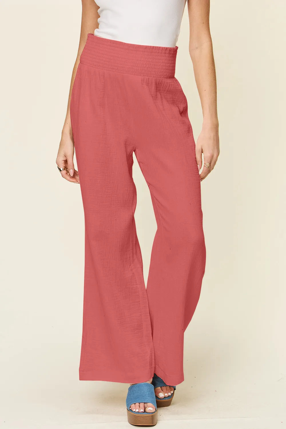 Double Take Full Size Texture Smocked Waist Wide Leg Pants - Lilixa.store