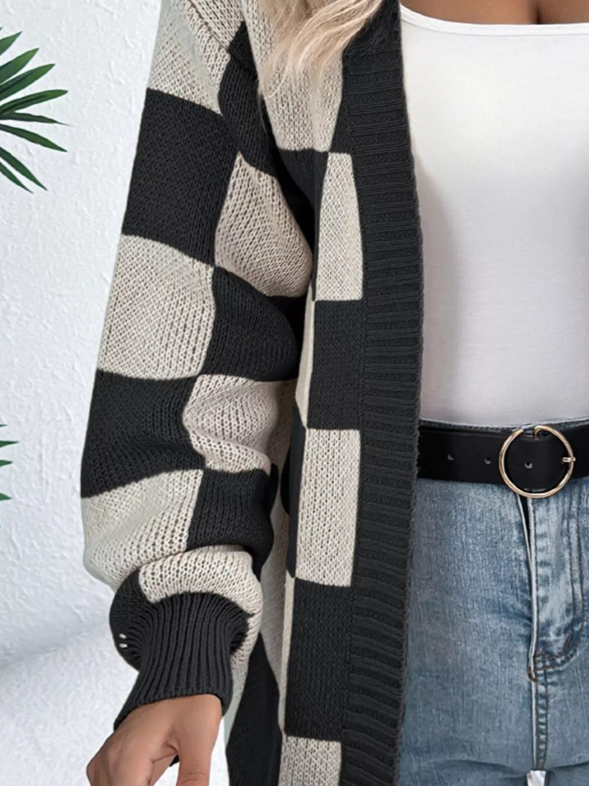 Checkerboard Pattern Open Front Knit Cardigan - Lilixa.store
