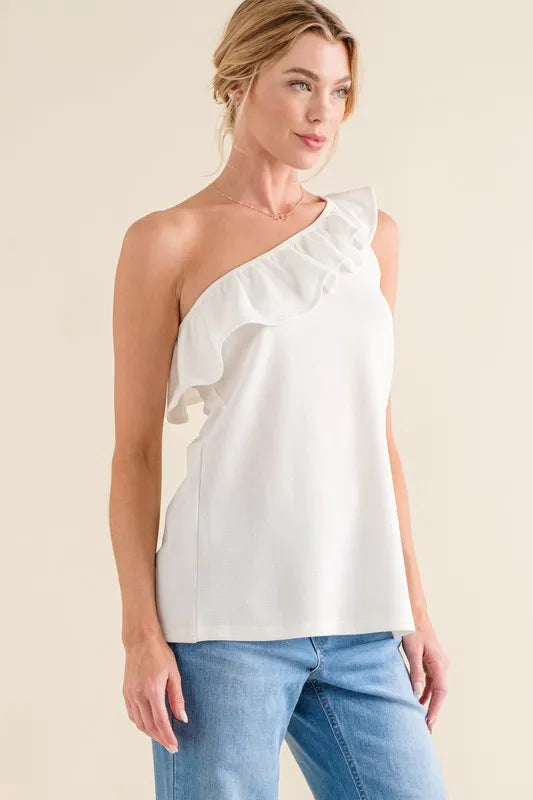And The Why Ruffle One Shoulder Sleeveless Tank Top in White, view 5