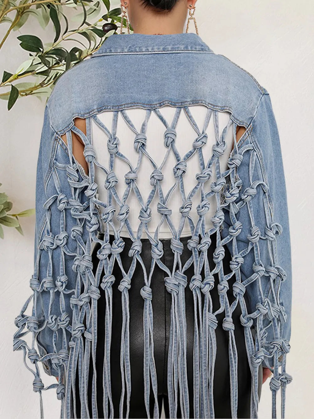 Tie Detail Button Up Denim Jacket with Pockets, view 2