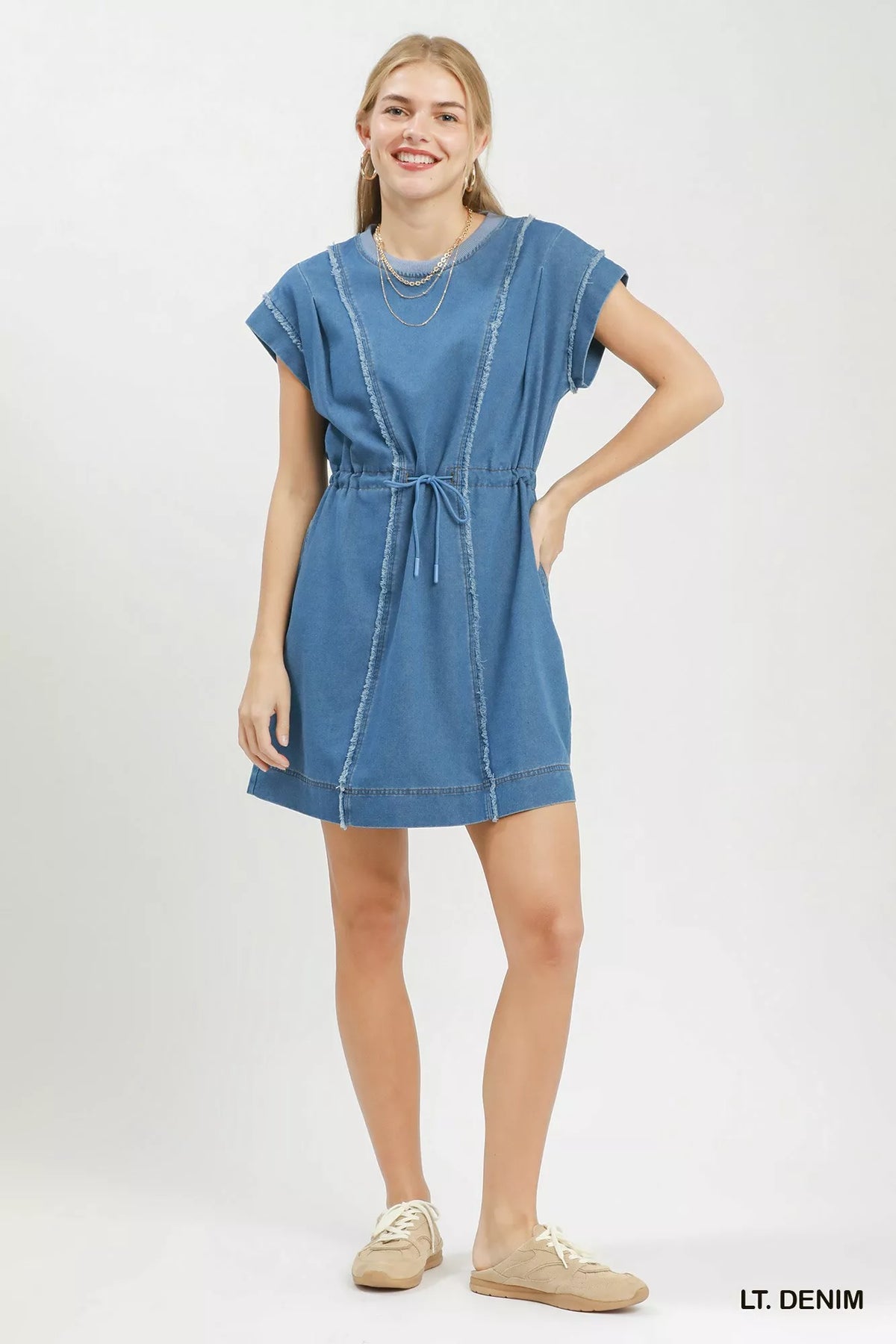 Umgee Drawstring Waist Frayed Denim Mini Dress, view 4