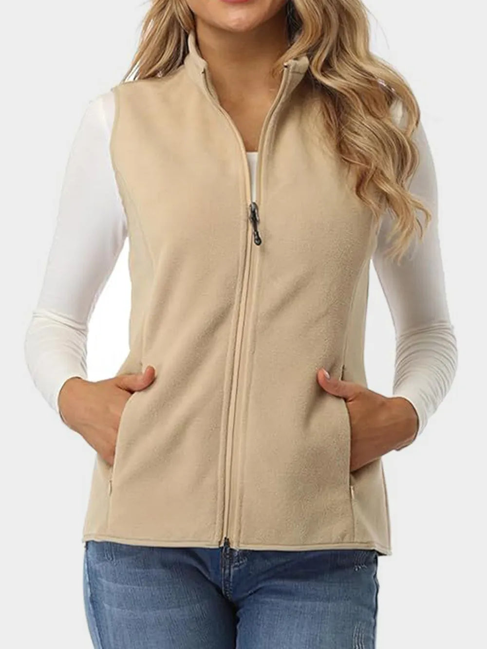 Zip Up Turtleneck Vest with Pockets in Tan