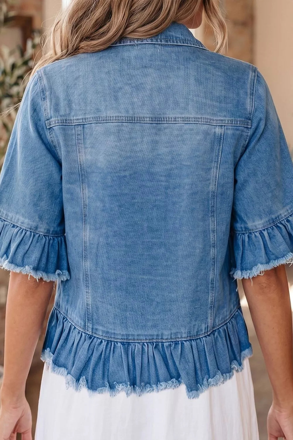 Ruffle Hem Raw Edge Half Sleeve Western Denim Jacket in Dusty Blue, view 4