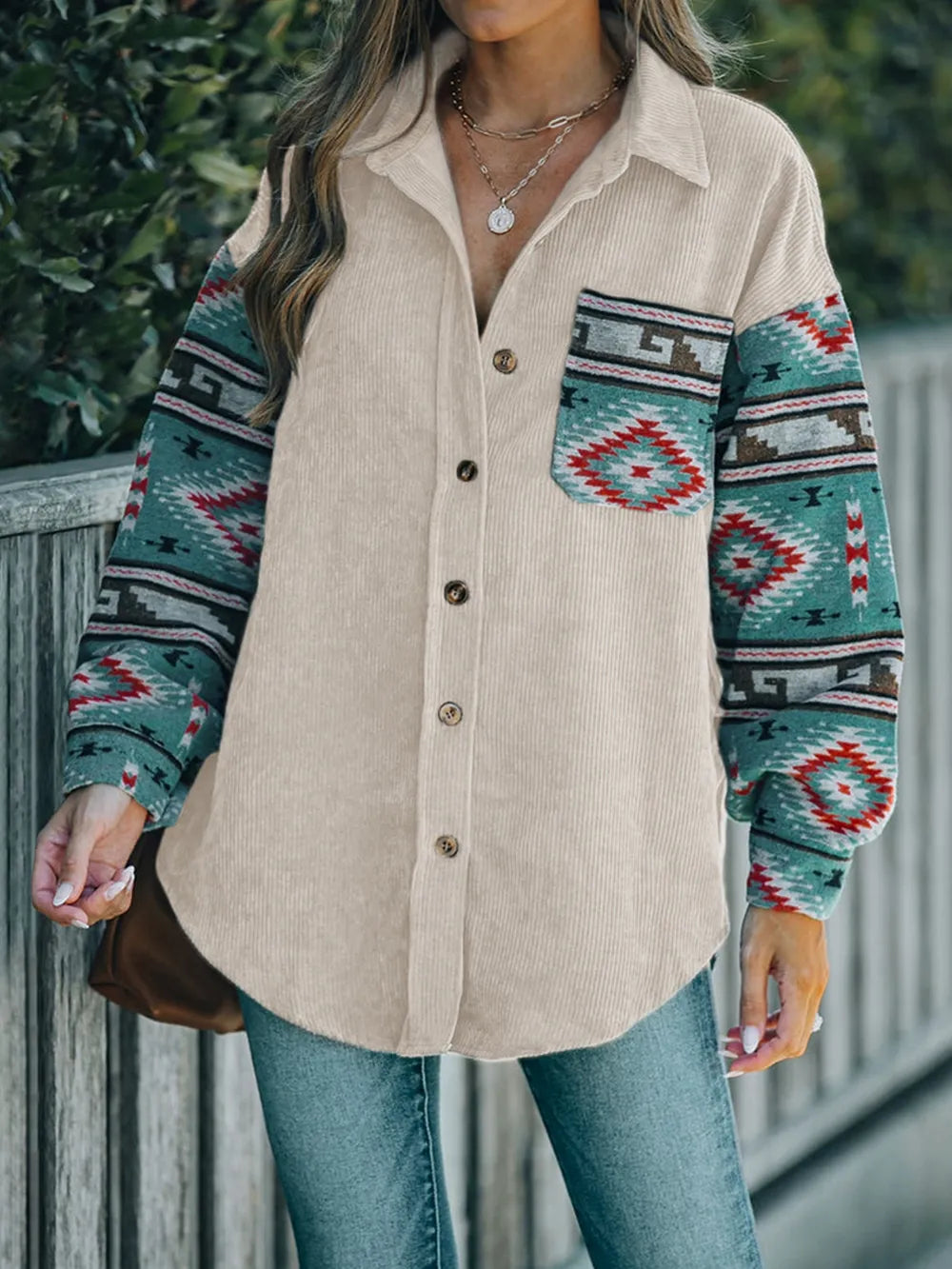 Perfee Pocketed Geometric Collared Neck Shacket in Dust Storm, view 7