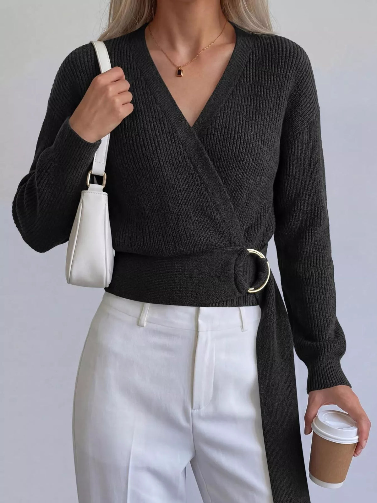 Metal Ring Detail Dropped Shoulder Sweater - Lilixa.store