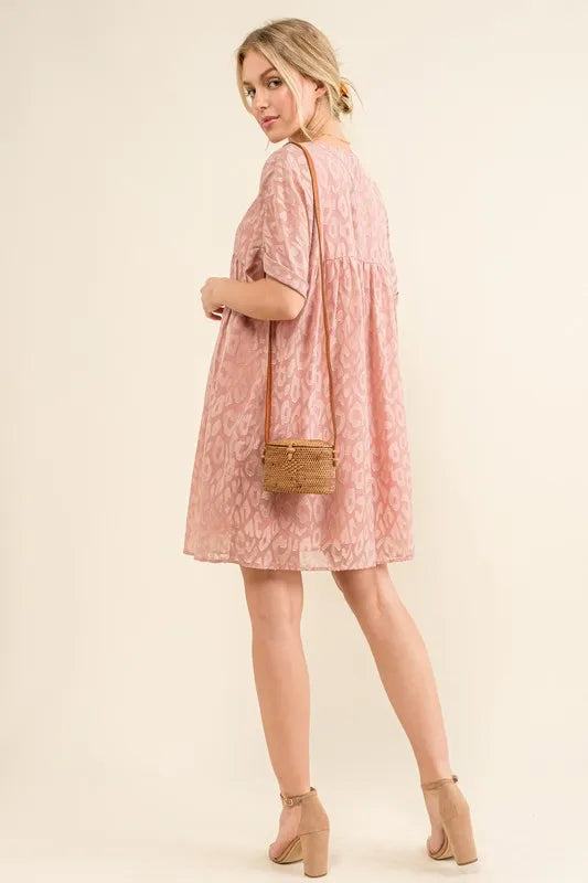 And The Why Woven Leopard Baby Doll Roll-Sleeve Casual Dress - Lilixa.store
