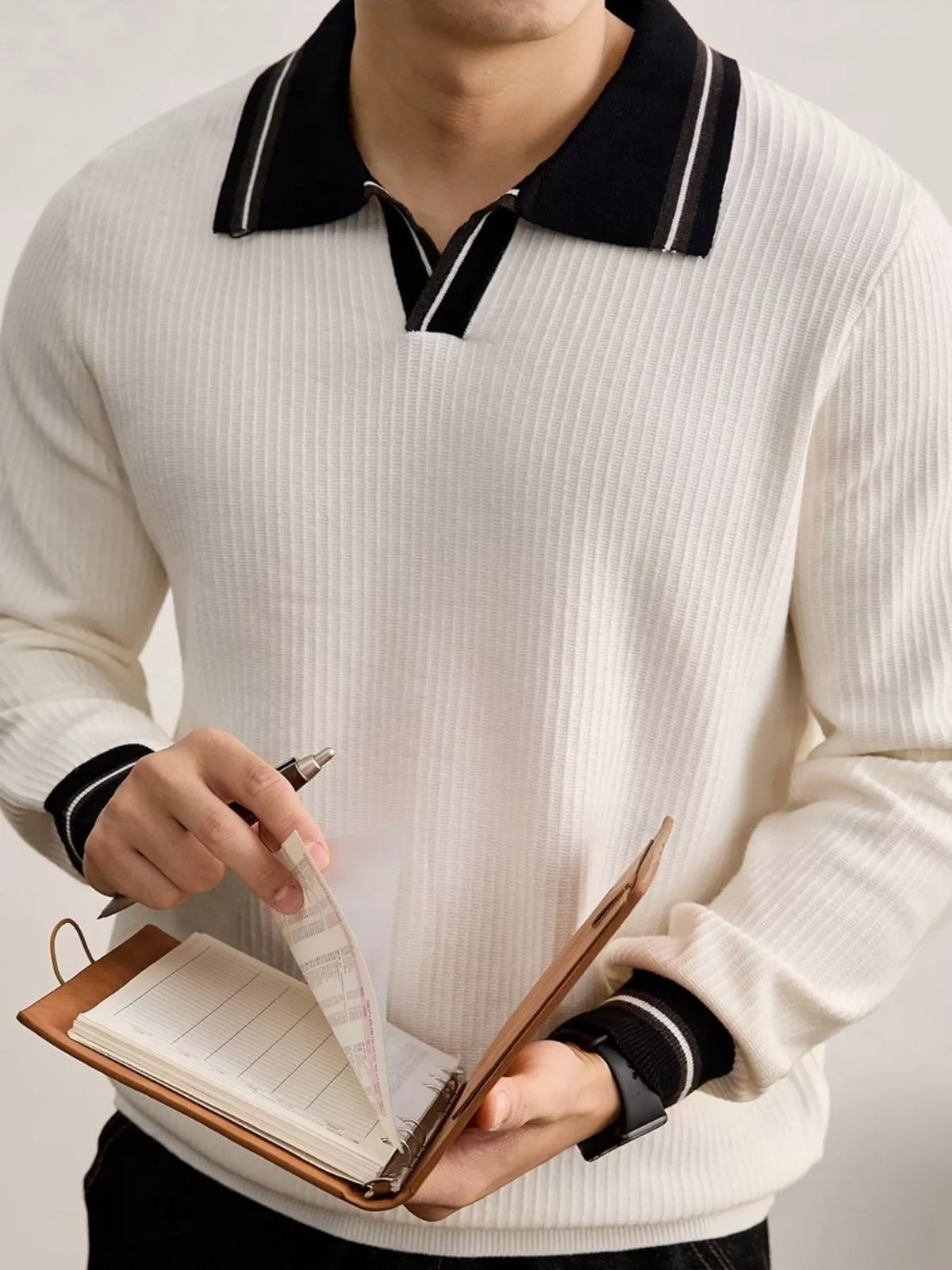 Men's Plus Size Contrast Trim Polo Collar Ribbed Knit Sweater - Lilixa.store