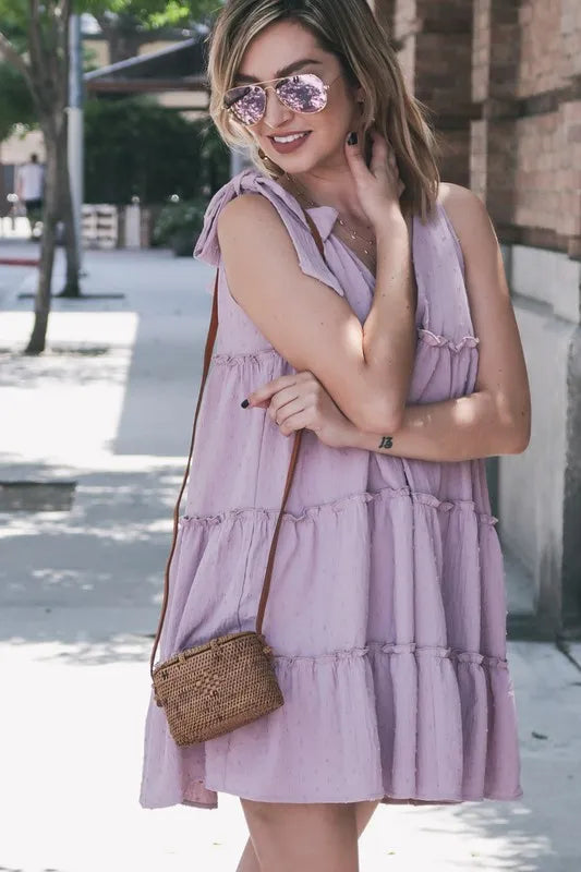 And The Why Polka Dot Textured Layered Flounce Ruffle Dress
