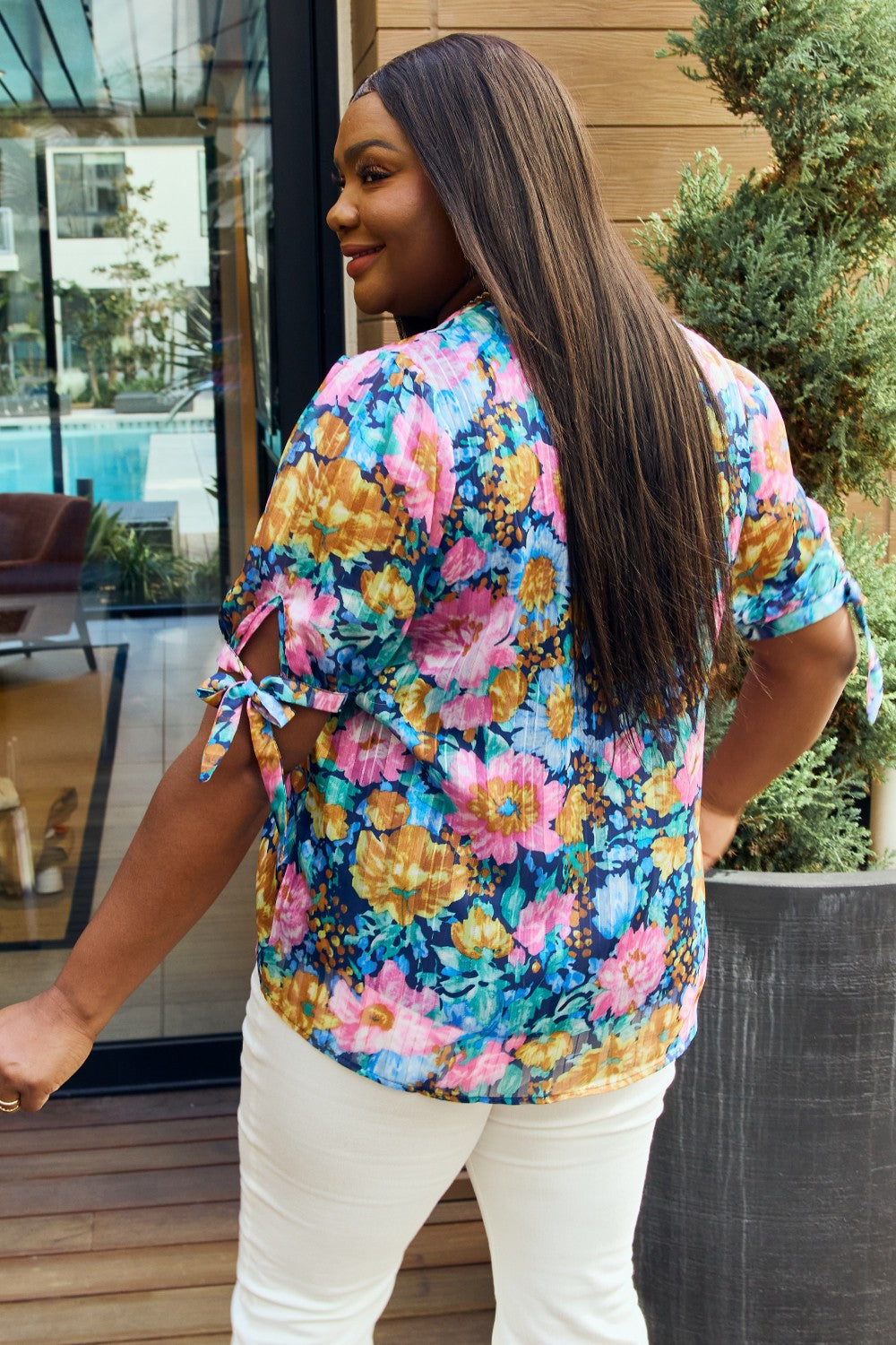 Petal Dew Full Size Floral V-Neck Tie Detail Blouse in Navy/Pink, view 8