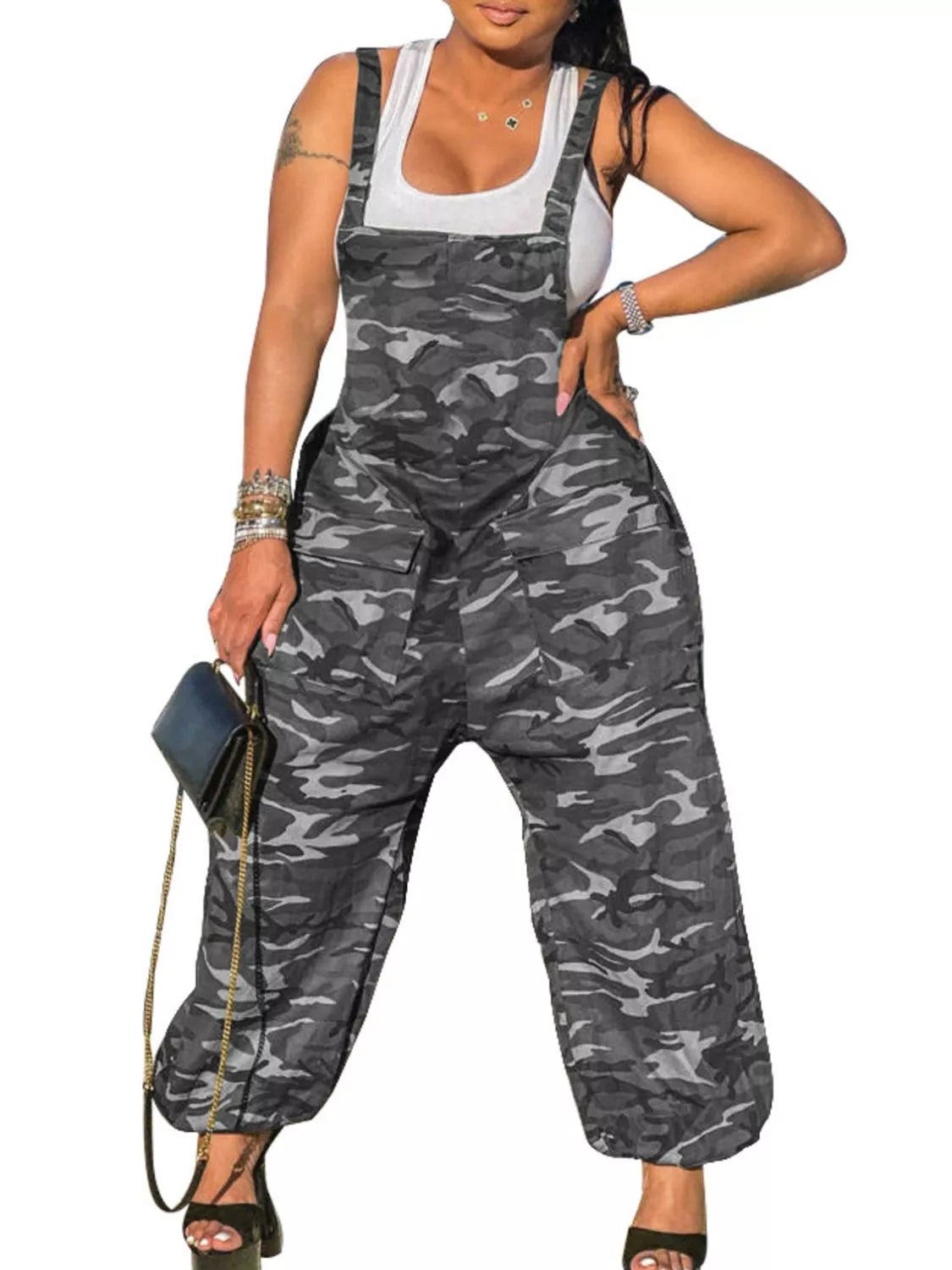 Casual Camouflage Square Neck Overalls - Lilixa.store