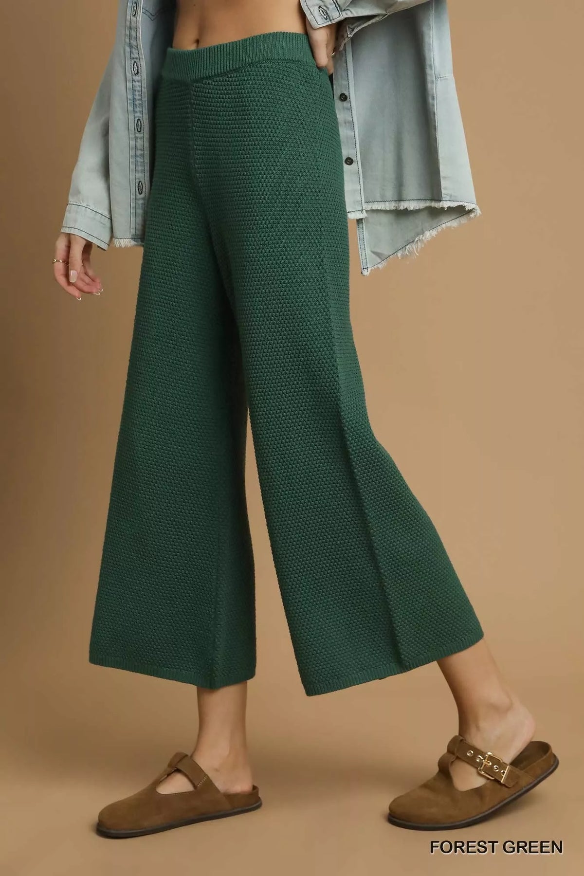 Umgee Textured Knit Wide Leg Pants in Forest Green, view 3