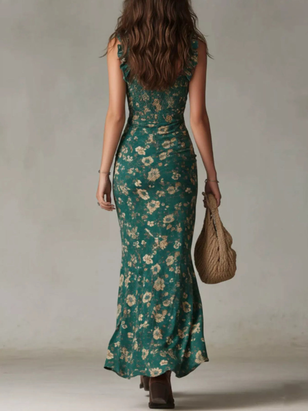 Full Size Floral Smocked Ruffle High-Low Maxi Dress Plus Size