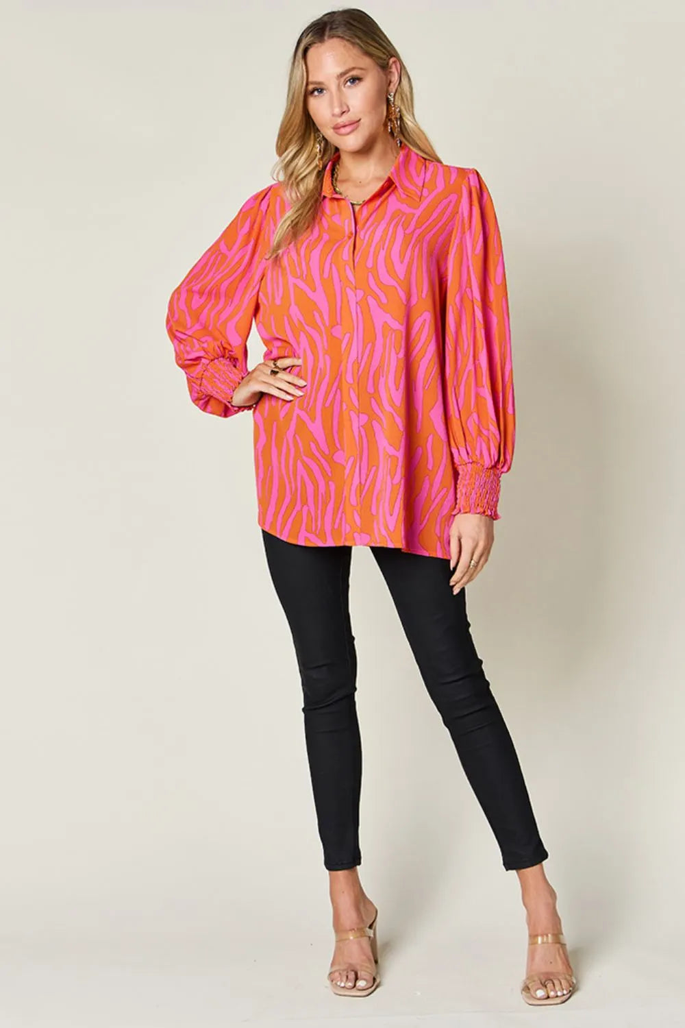 Double Take Full Size Printed Smocked Long Sleeve Blouse Plus Size - Lilixa.store