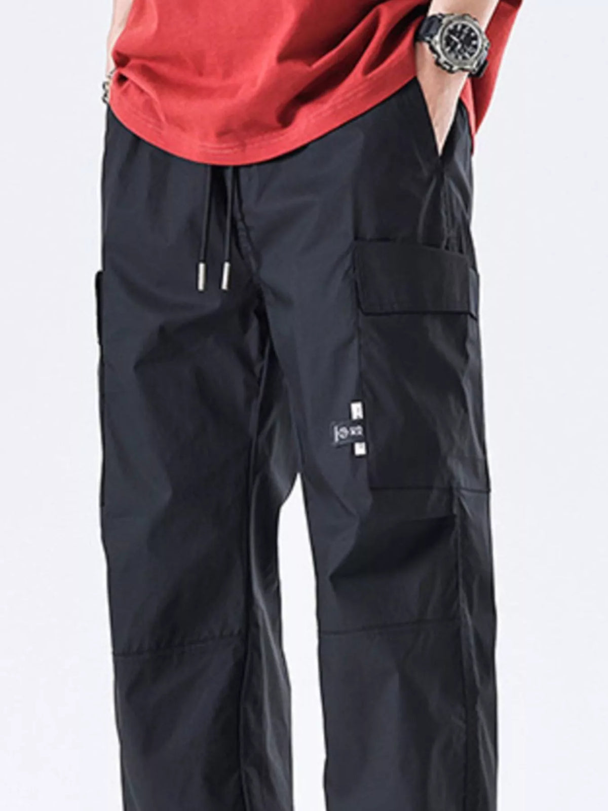 Men's Full Size Drawstring Wide Leg Cargo Pants Plus Size in Black
