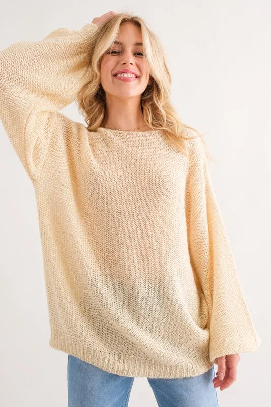 And The Why Sequined Light Weight Pullover Sweater in Cream