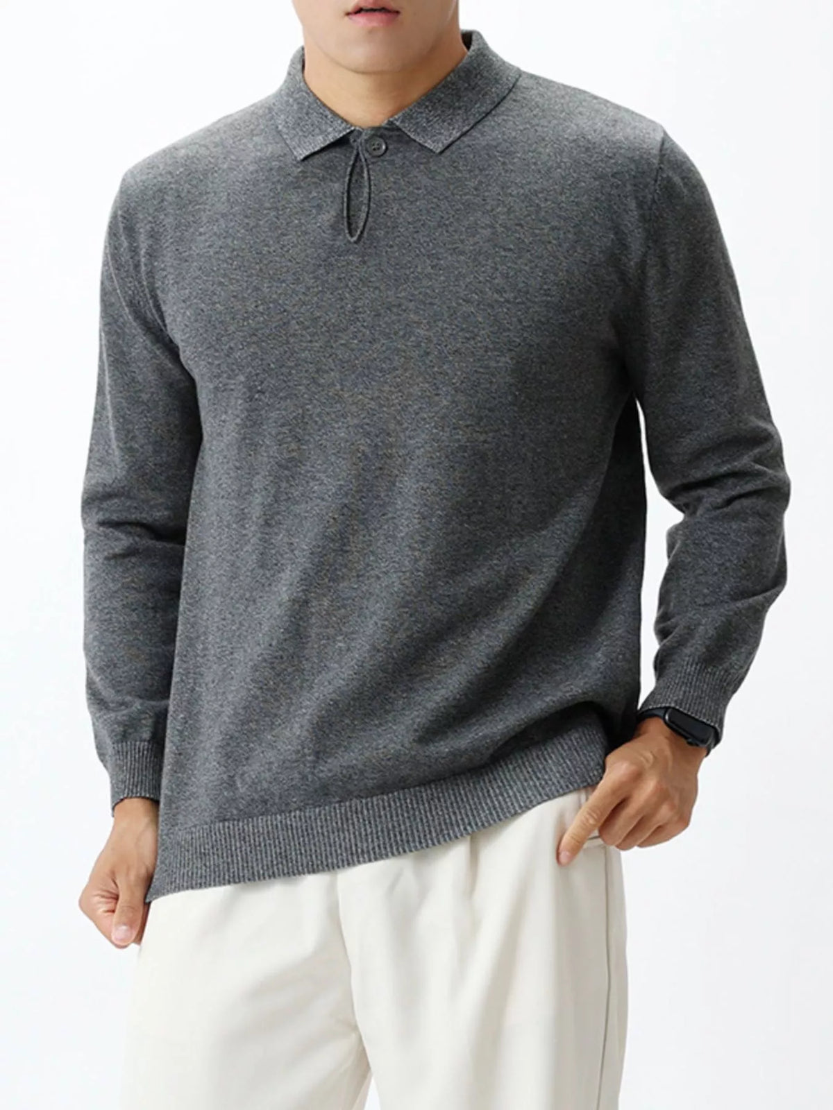 Men's Plus Size Polo Collar Long Sleeve Sweater in Flower Dark Gray