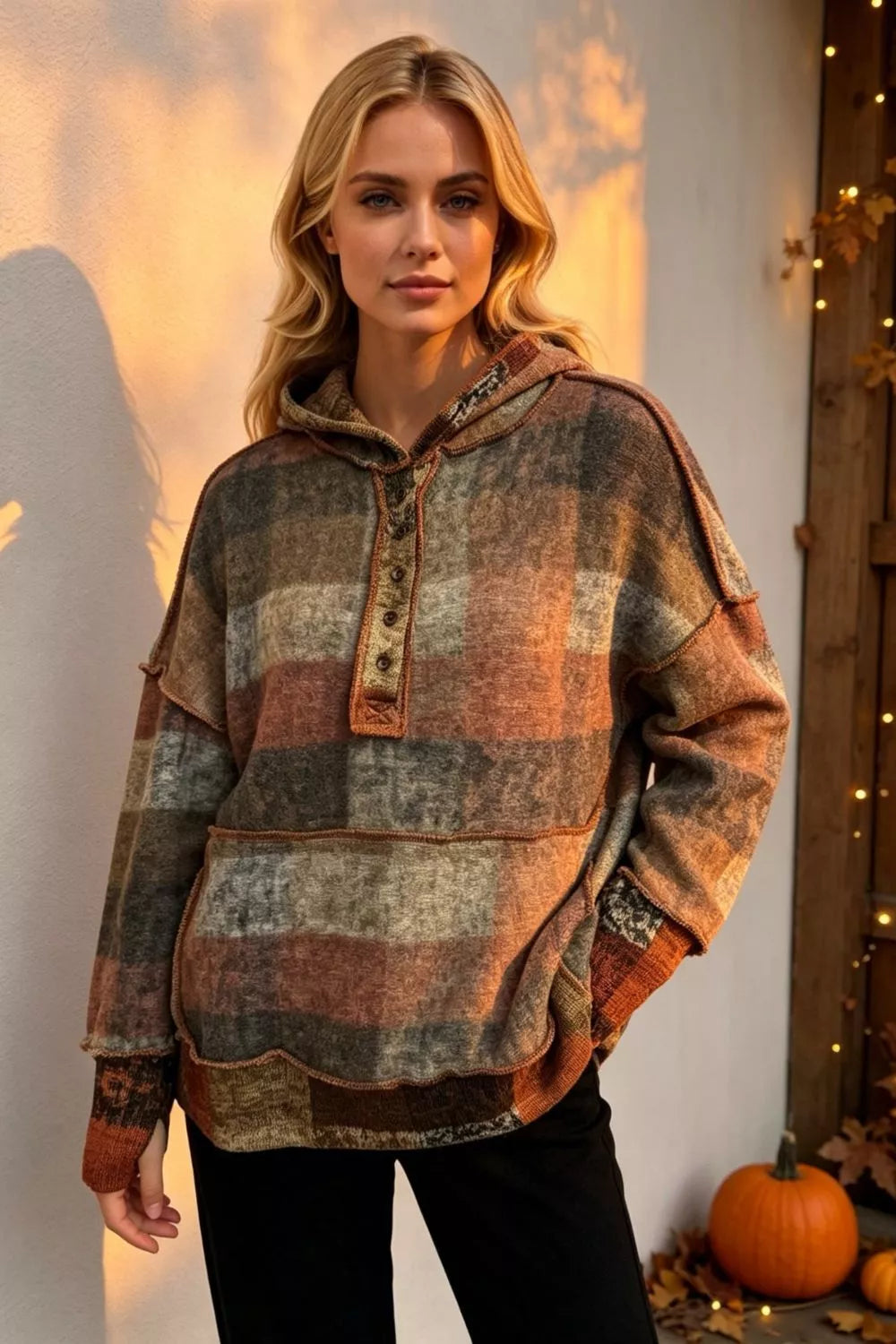 Double Take Full Size Plaid Dropped Shoulder Fleece Hoodie Plus Size - Lilixa.store