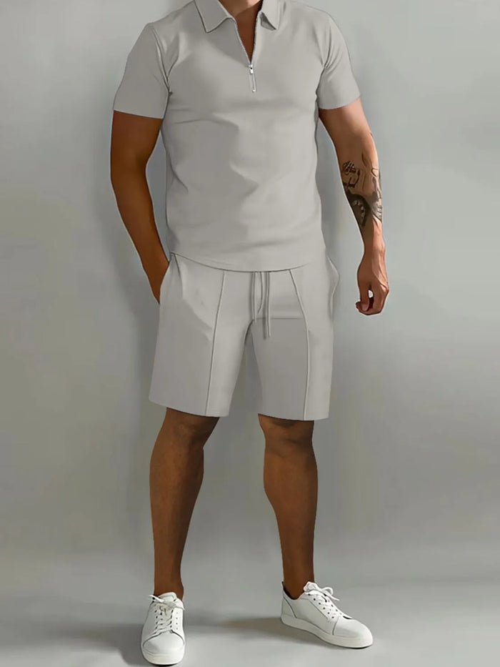 Men's Full Size Collared Neck Short Sleeve Top and Shorts Set Plus Size in Gray