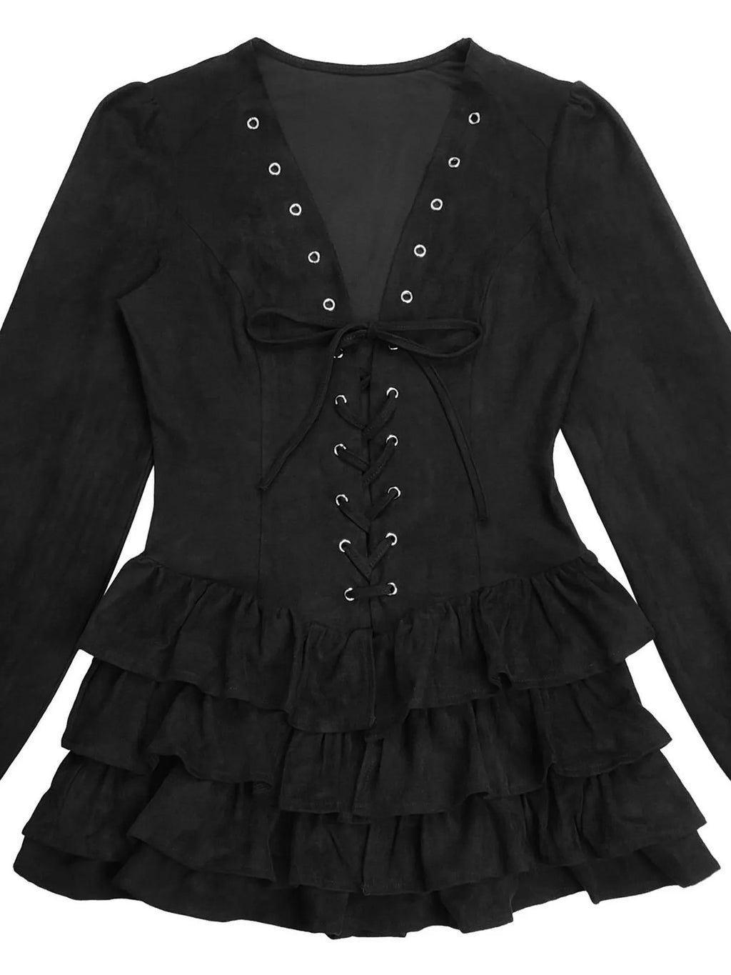 Lace-Up Ruffle Hem Long Sleeve Mini Dress - Lilixa.store
