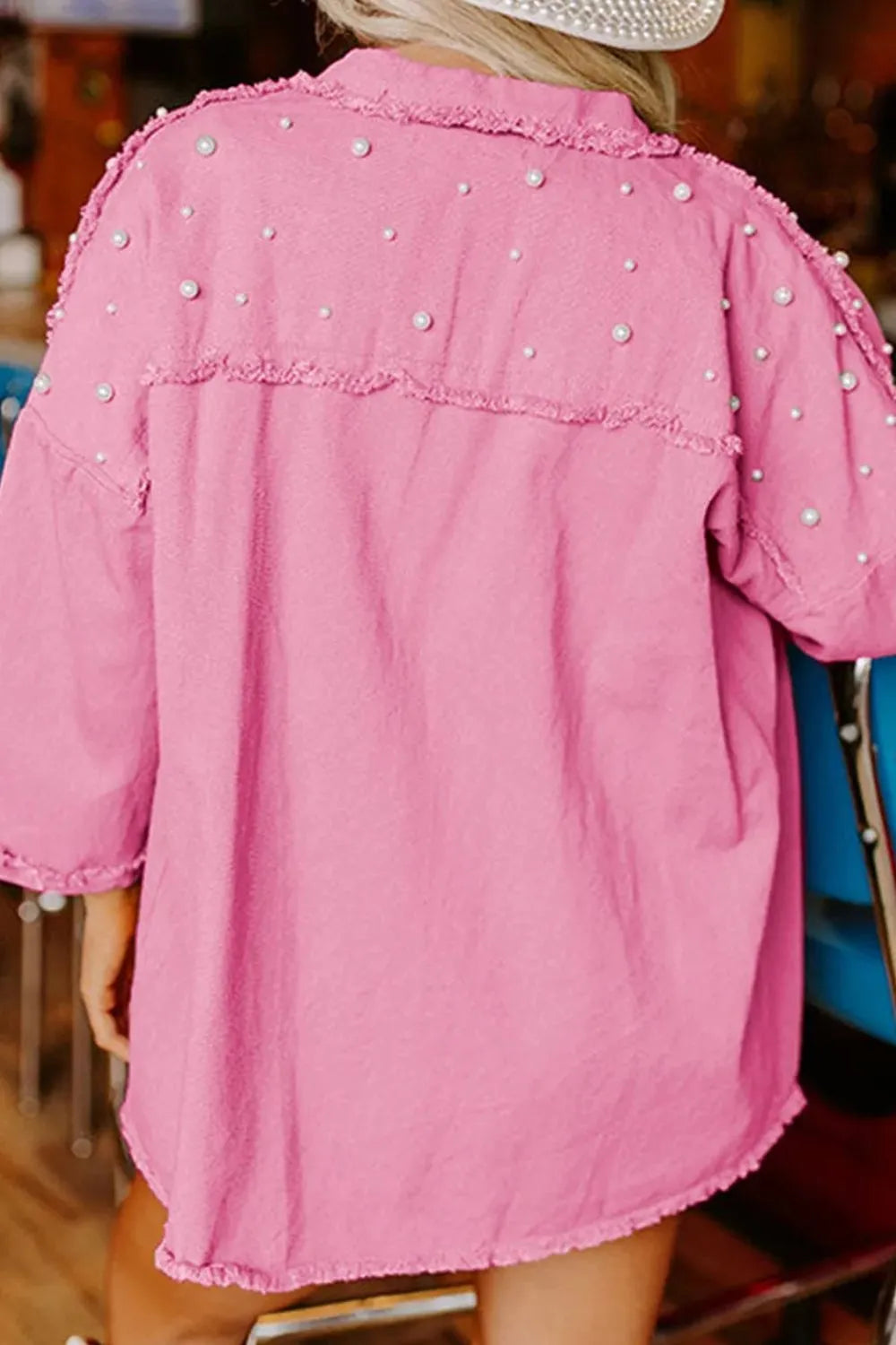 Raw Hem Pearl Trim Dropped Shoulder Denim Jacket, view 7