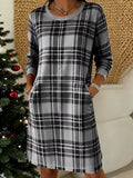 Full Size Plaid Long Sleeve Crew Neck Dress with Pockets Plus Size - Lilixa.store