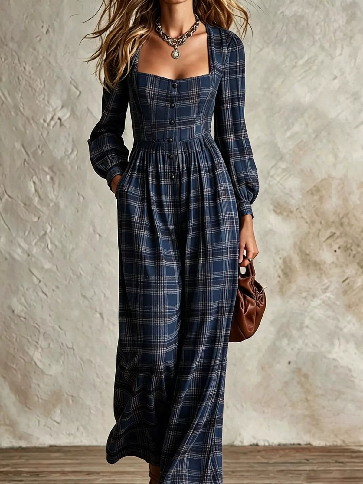 Plaid Square Neck Long Sleeve Wide Leg Jumpsuit