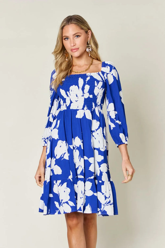 Double Take Full Size Floral Ruffle Hem Smocked Dress with Pockets in Royal Blue