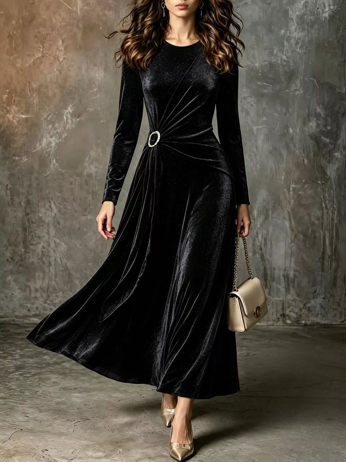 Full Size Velvet Long-Sleeve Maxi Dress with Ring Detail Plus Size - Lilixa.store