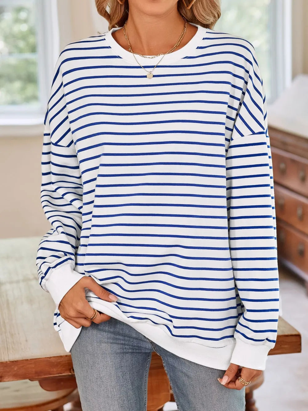 Lovelet Striped Round Neck Long Sleeve Sweatshirt - Lilixa.store