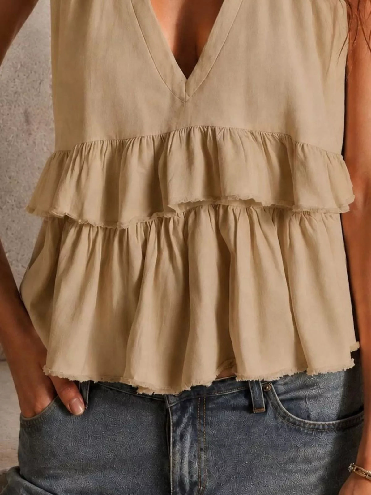 Ruffled V-Neck Sleeveless Top - Lilixa.store