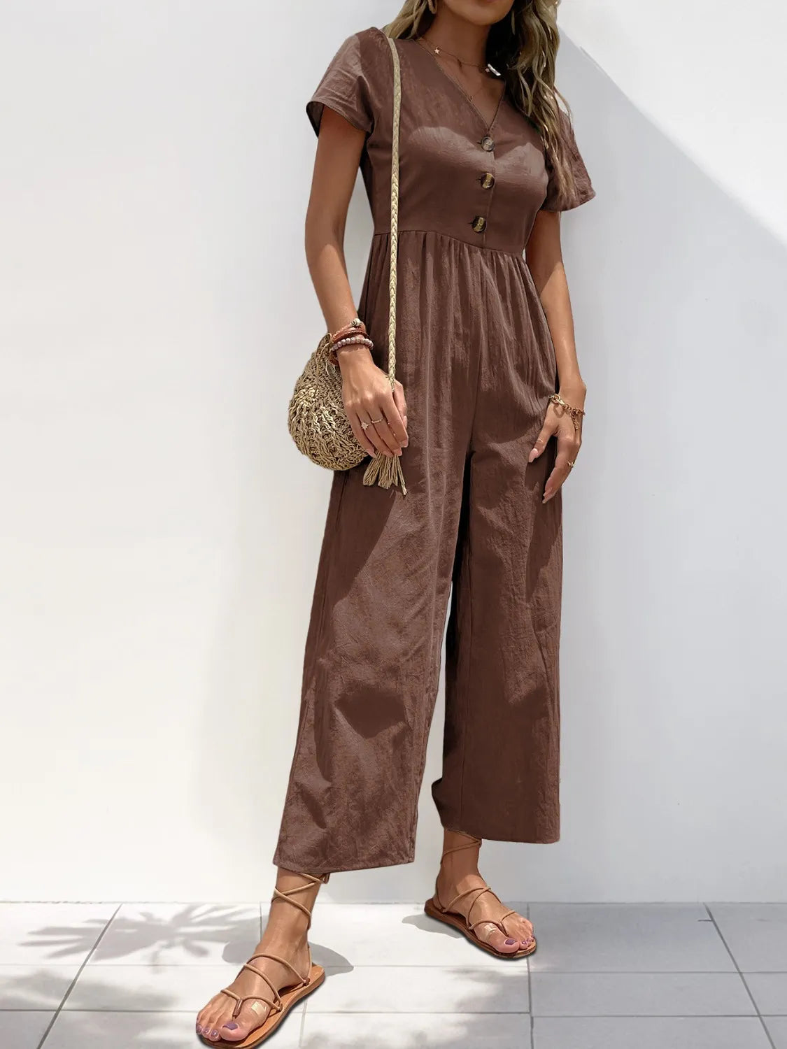V-Neck Short Sleeve Wide Leg Jumpsuit - Lilixa.store