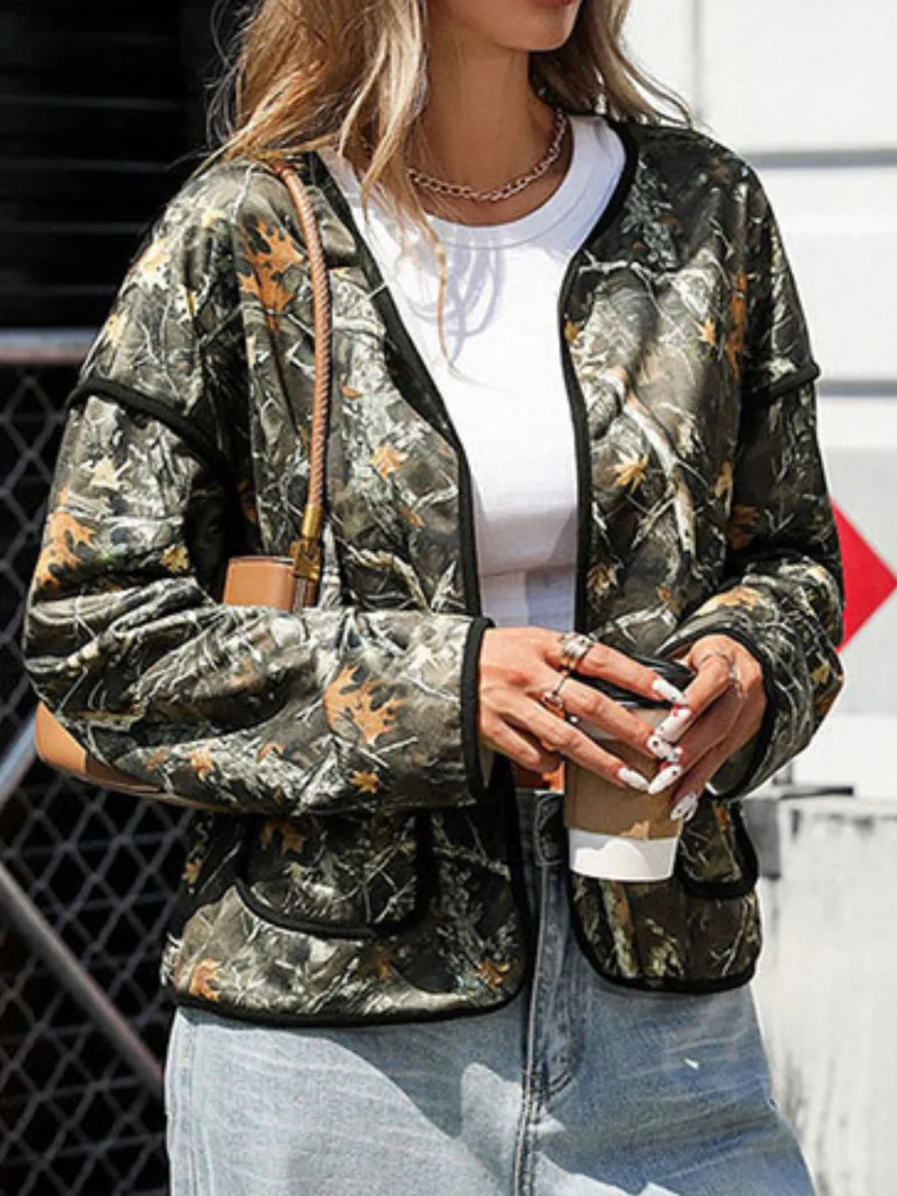 Perfee Printed Open Front Long Sleeve Jacket in Multicolor, view 5