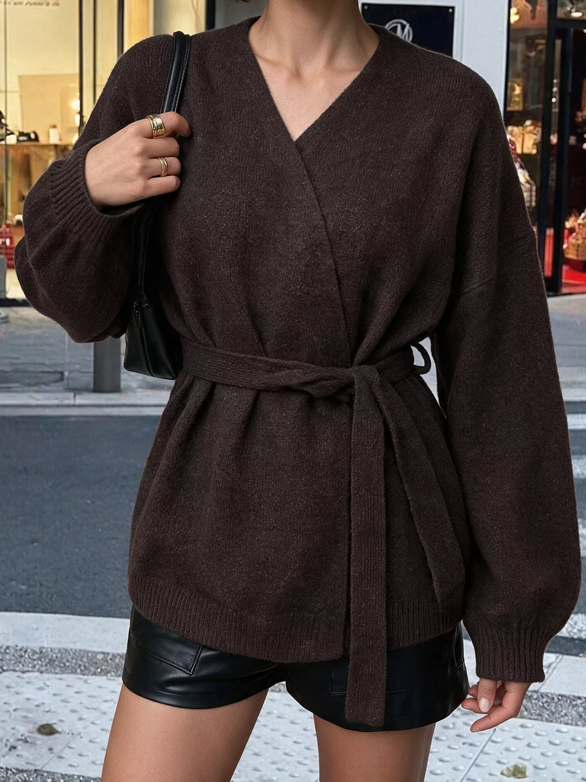 Tie Waist Dropped Shoulder Wrap Cardigan - Lilixa.store