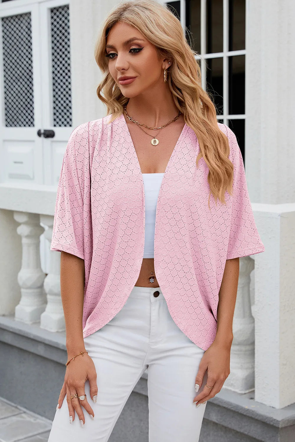 Eyelet Open Front Half Sleeve Cardigan - Lilixa.store