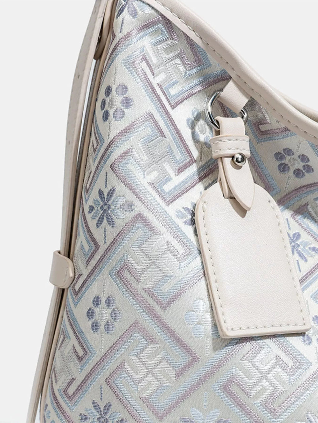 Geometric Pattern Jacquard Shoulder Bag with Adjustable Strap in Light Blue, view 11