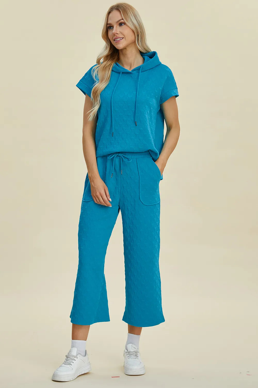 Double Take Full Size Texture Drawstring Short Sleeve Hoodie and Pocketed Pants Set, view 2