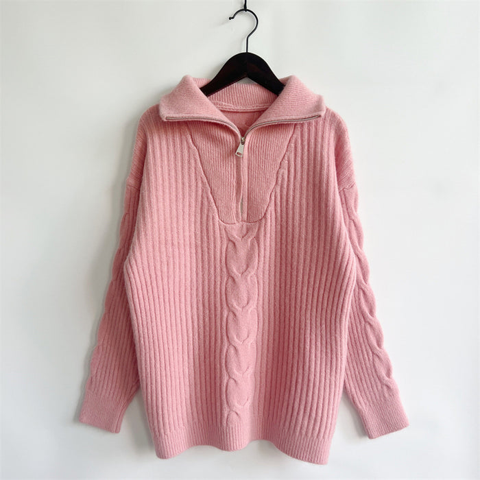 Ribbed Half Zip Long Sleeve Sweater in Dusty Pink