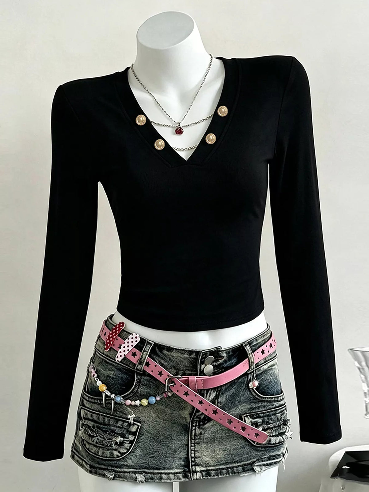 Decorative Pearl Buttons V-Neck Long Sleeve T-Shirt - Lilixa.store