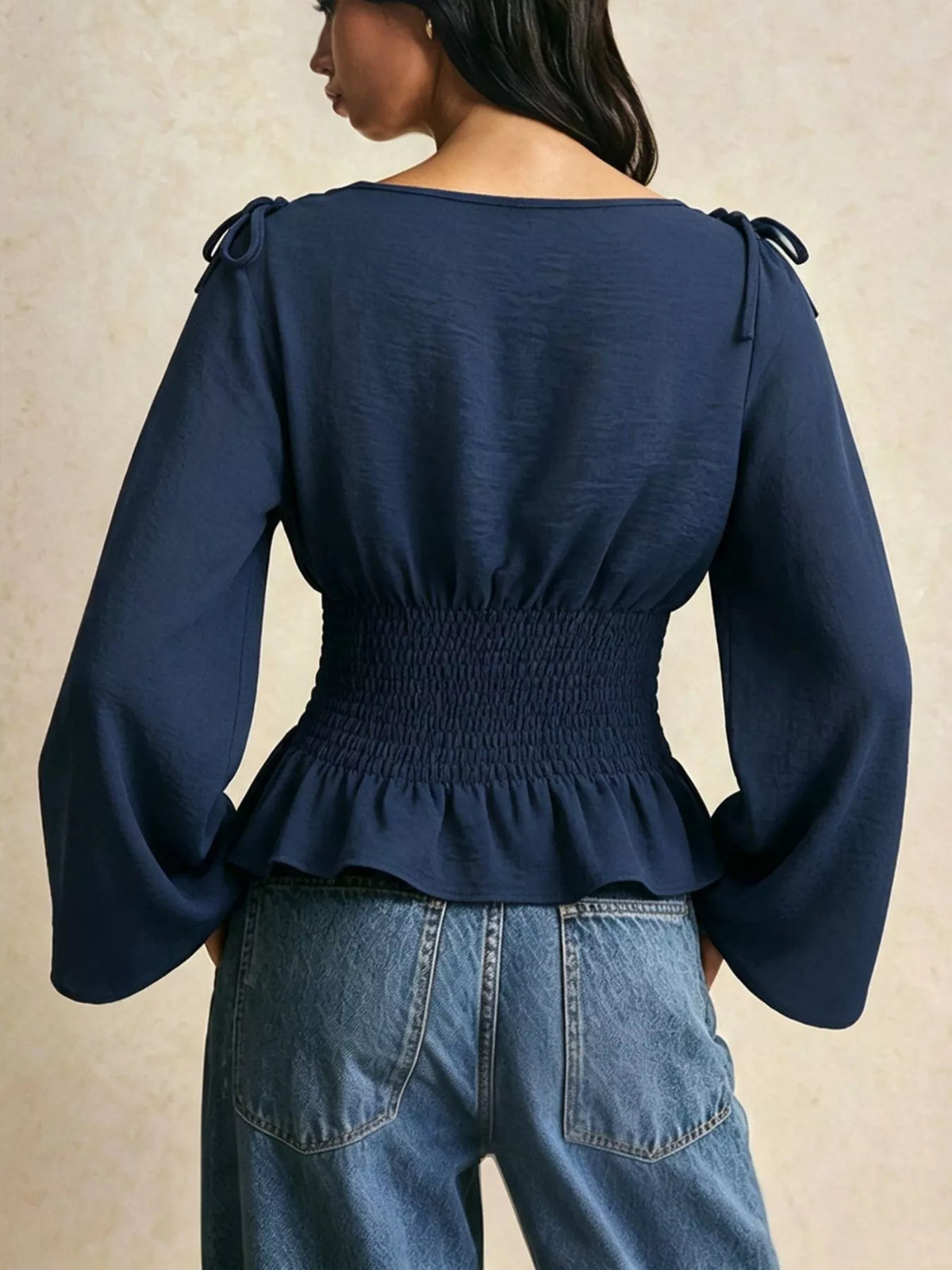 Smocked Waist Flare Sleeve Blouse in Dark Blue, view 4