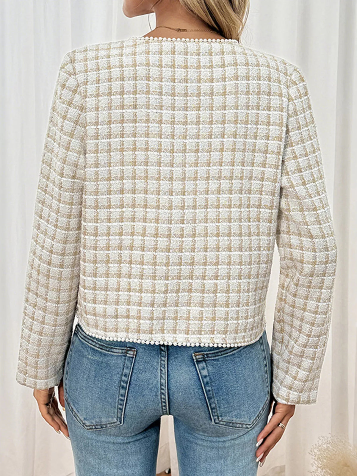 Pearl Trim Button Up Tweed Outerwear - Lilixa.store
