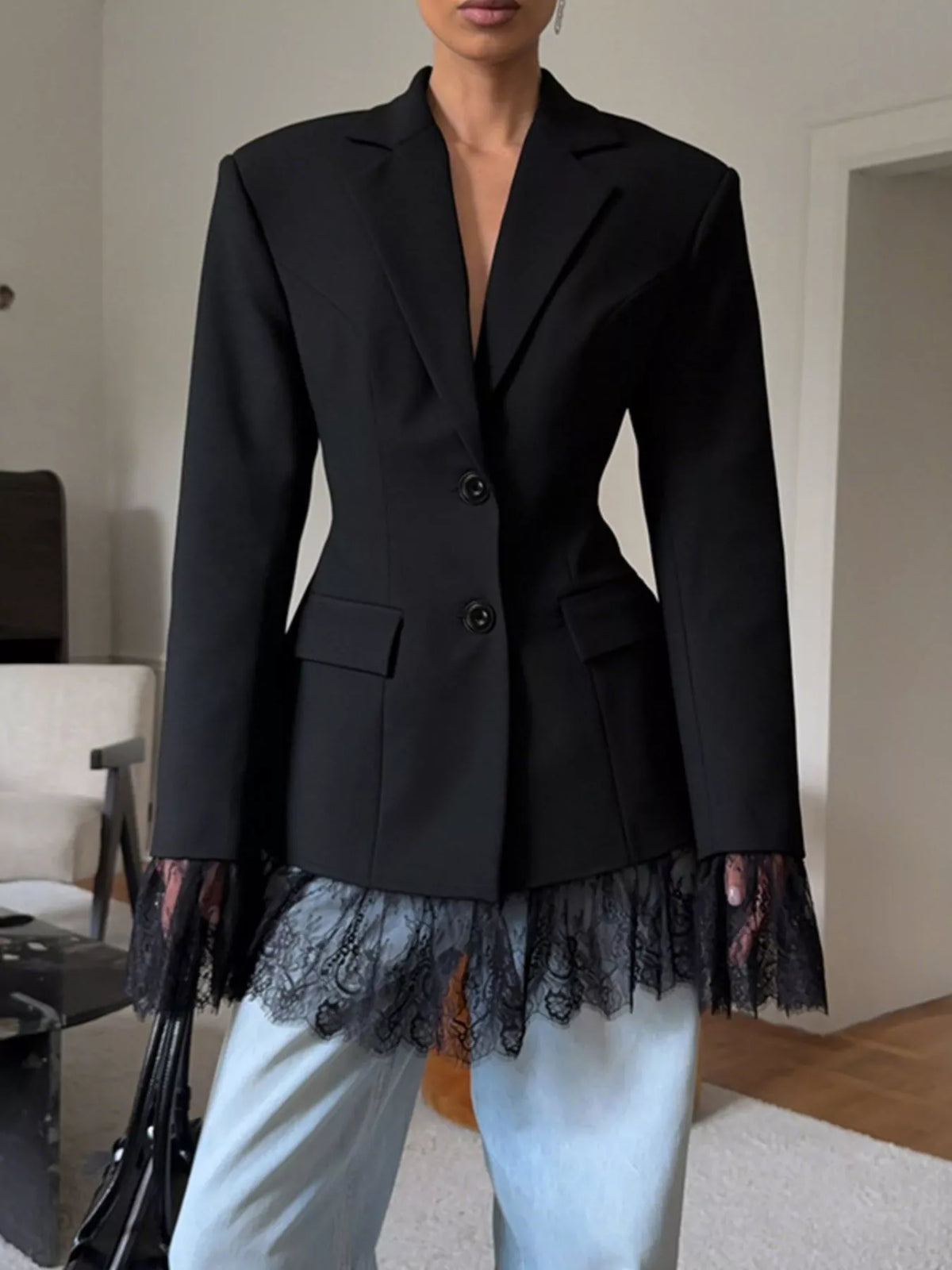 Lace Hem Button Down Blazer - Lilixa.store