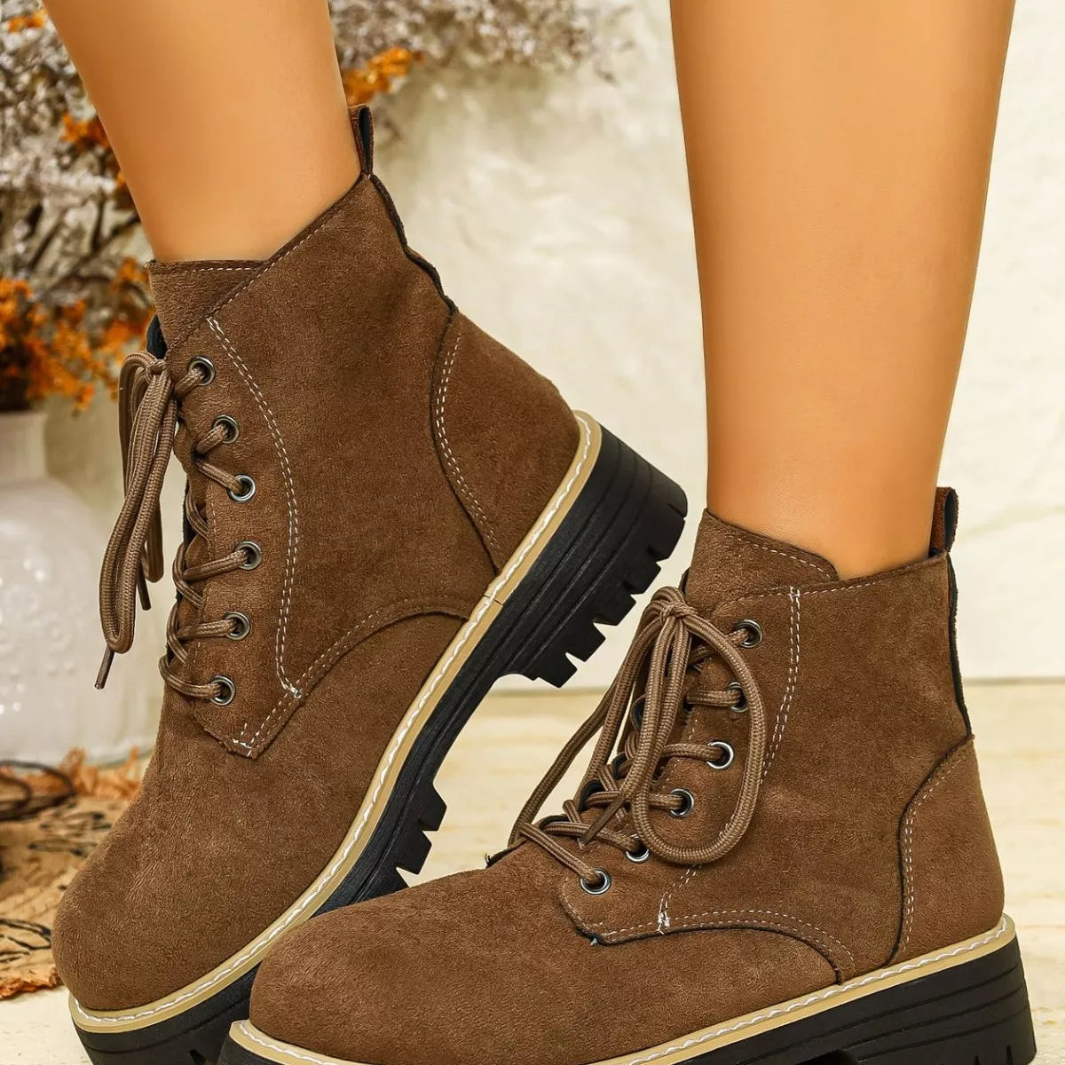 Round Toe Lace Up Boots in Brown